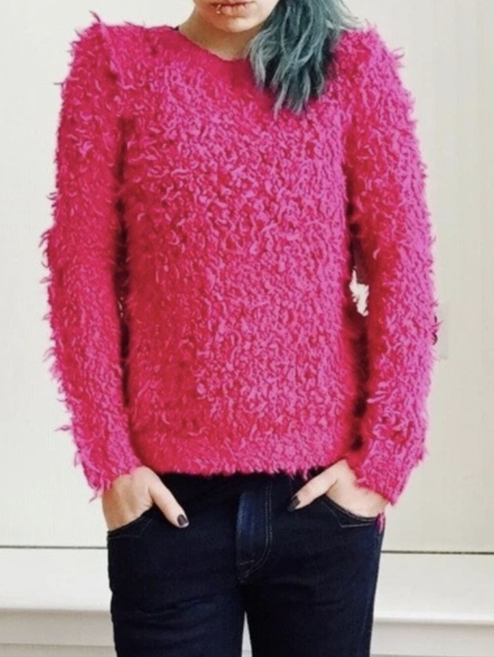 NWT Free People Bright Pink Fuzzy Crewneck Sweater